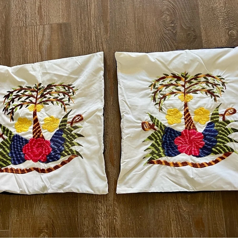 Tropical Embroidered Throw Pillow Set - White, Red, Yellow, Green
